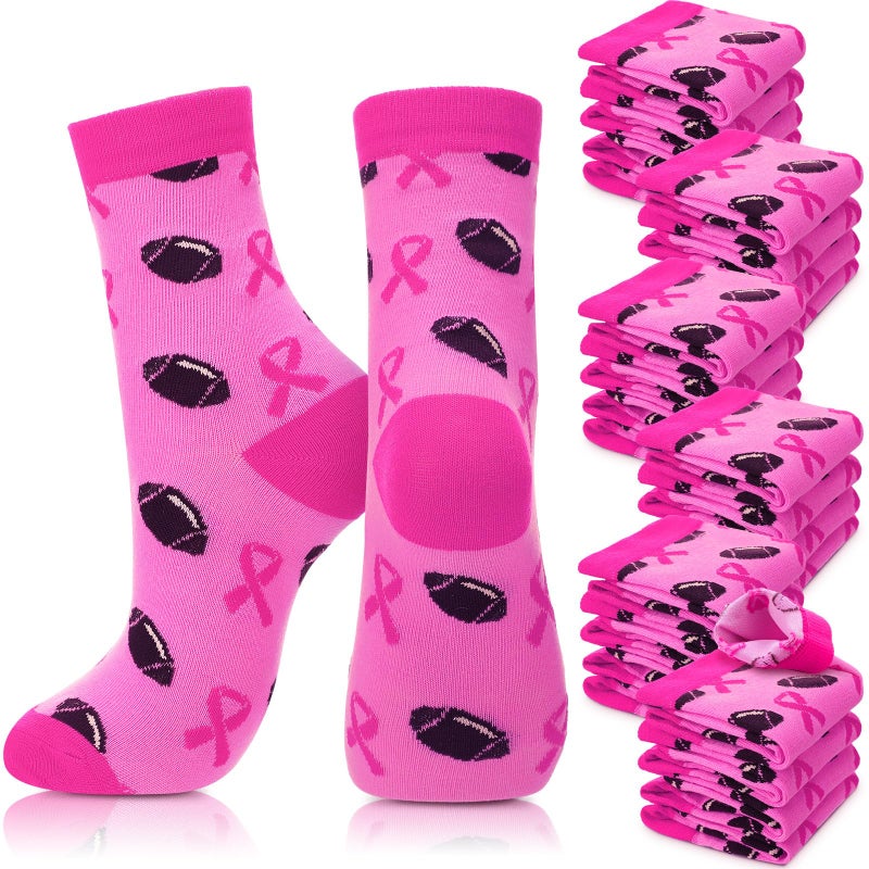 Haysandy 24 Pairs Breast Cancer Awareness Socks Bulk Soft Pink Ribbon Football Socks for Women Softball Volleyball SportPink Football Style - Image 2