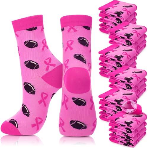 Haysandy 24 Pairs Breast Cancer Awareness Socks Bulk Soft Pink Ribbon Football Socks for Women Softball Volleyball SportPink Football Style - Image 1