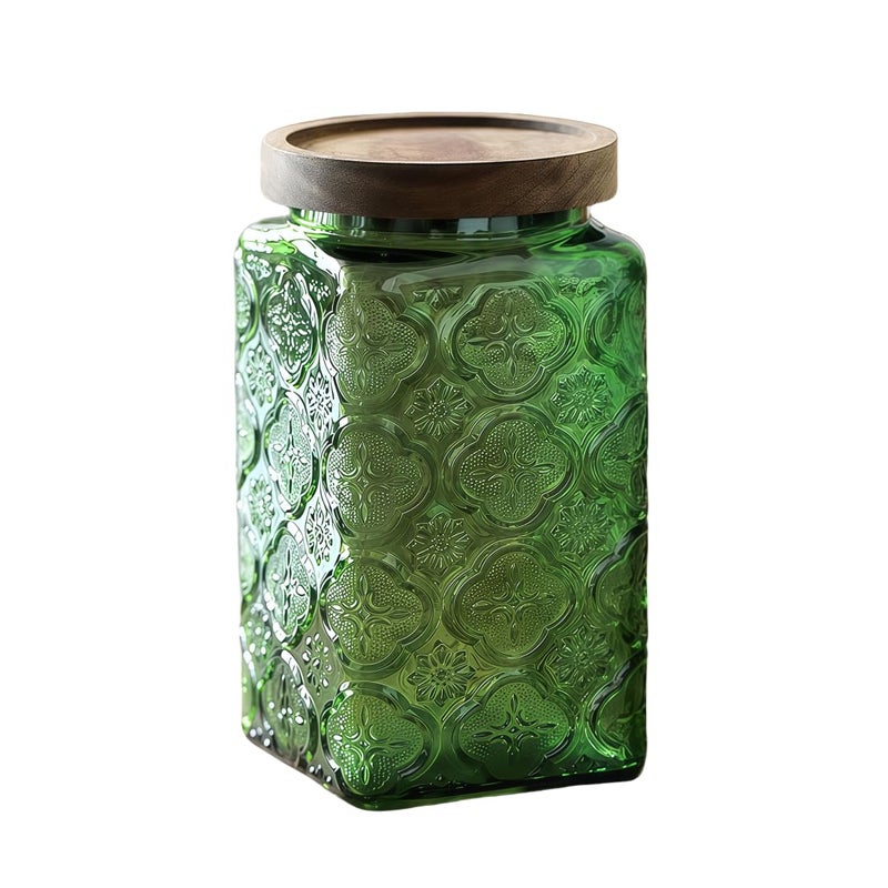ANSQU Vintage Glass Jar with Solid Wood Lid - Decorative Food Storage Canister for Kitchen, Coffee, Candy, Laundry Detergent, Begonia Flower Design - Cute & Functional Jar (Square Green, 34 Ounces) - Image 1