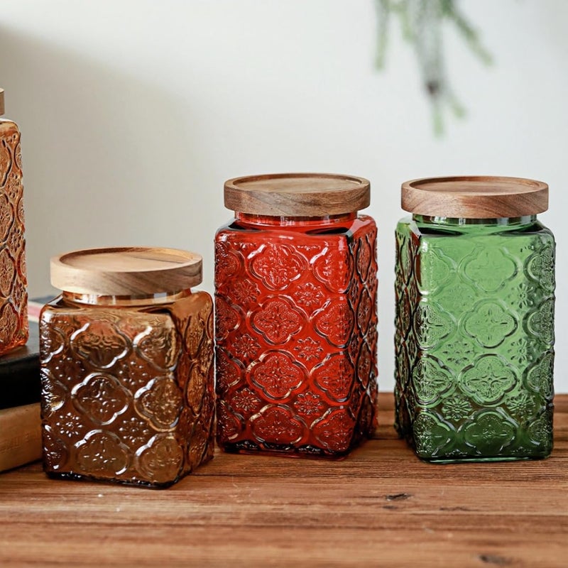 ANSQU Vintage Glass Jar with Solid Wood Lid - Decorative Food Storage Canister for Kitchen, Coffee, Candy, Laundry Detergent, Begonia Flower Design - Cute & Functional Jar (Square Green, 34 Ounces) - Image 5