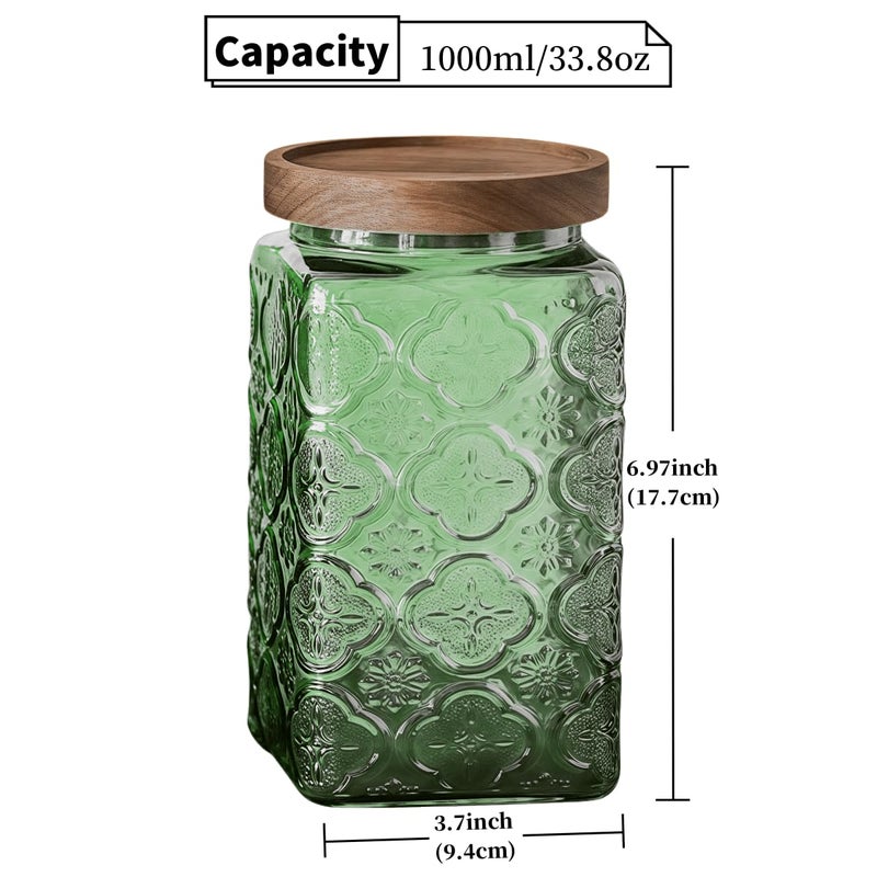 ANSQU Vintage Glass Jar with Solid Wood Lid - Decorative Food Storage Canister for Kitchen, Coffee, Candy, Laundry Detergent, Begonia Flower Design - Cute & Functional Jar (Square Green, 34 Ounces) - Image 2
