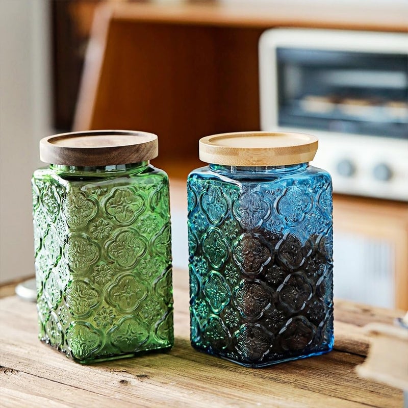 ANSQU Vintage Glass Jar with Solid Wood Lid - Decorative Food Storage Canister for Kitchen, Coffee, Candy, Laundry Detergent, Begonia Flower Design - Cute & Functional Jar (Square Green, 34 Ounces) - Image 4
