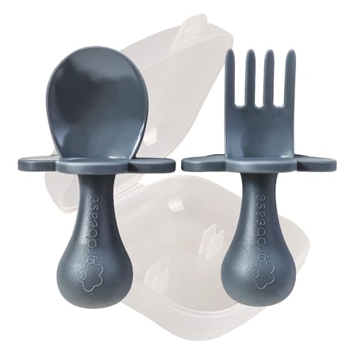Grabease Baby Feeding Utensils Set - Ergonomic Grip for Self-Feeding - Anti-Choke Collar & Toddler Cutlery Safety - Dishwasher Safe & Travel-Ready Baby Feeding Set - Gray, Pack of 1 - Image 1