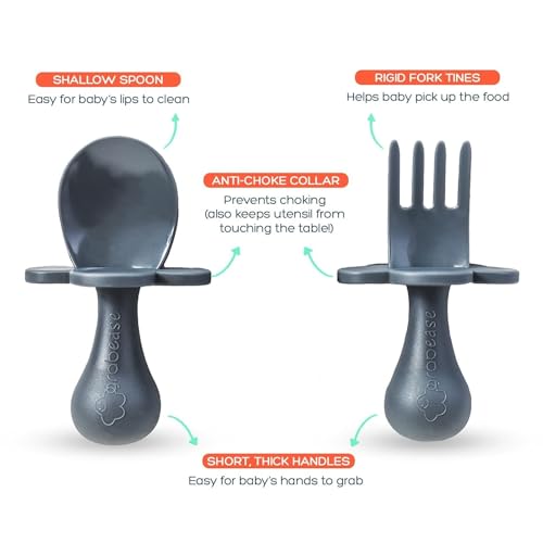 Grabease Baby Feeding Utensils Set - Ergonomic Grip for Self-Feeding - Anti-Choke Collar & Toddler Cutlery Safety - Dishwasher Safe & Travel-Ready Baby Feeding Set - Gray, Pack of 1 - Image 4