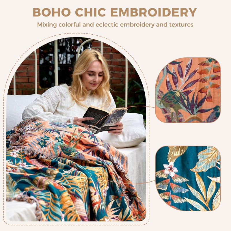 LUTBM Boho Throw Blanket for Couch Sofa Chair Cotton Blankets for Bedroom Living Room All Season Lightweight Reversable Forest Embroidery Throws 50"x60" - Image 3