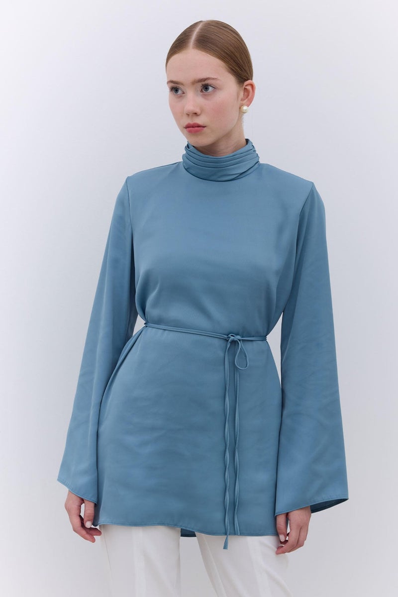 Manuka Satin Wide Sleeve Tunic Blue  - Image 3