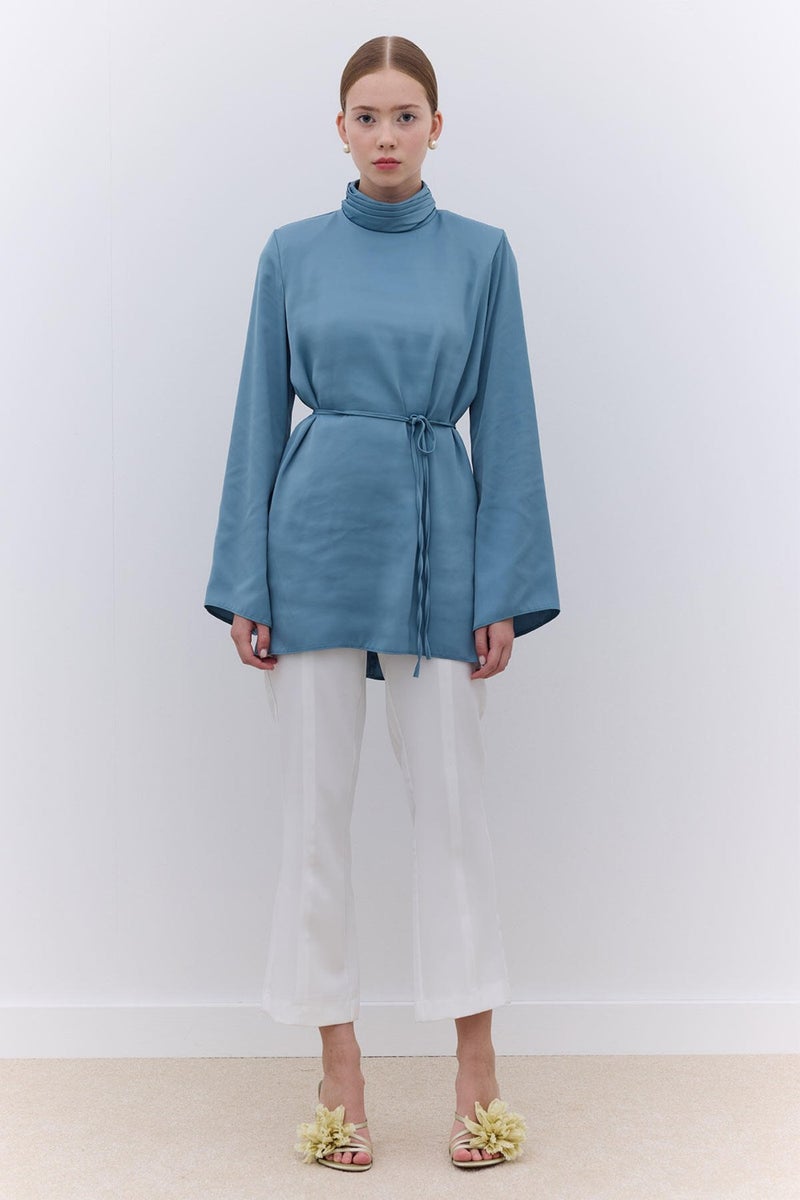 Manuka Satin Wide Sleeve Tunic Blue  - Image 2