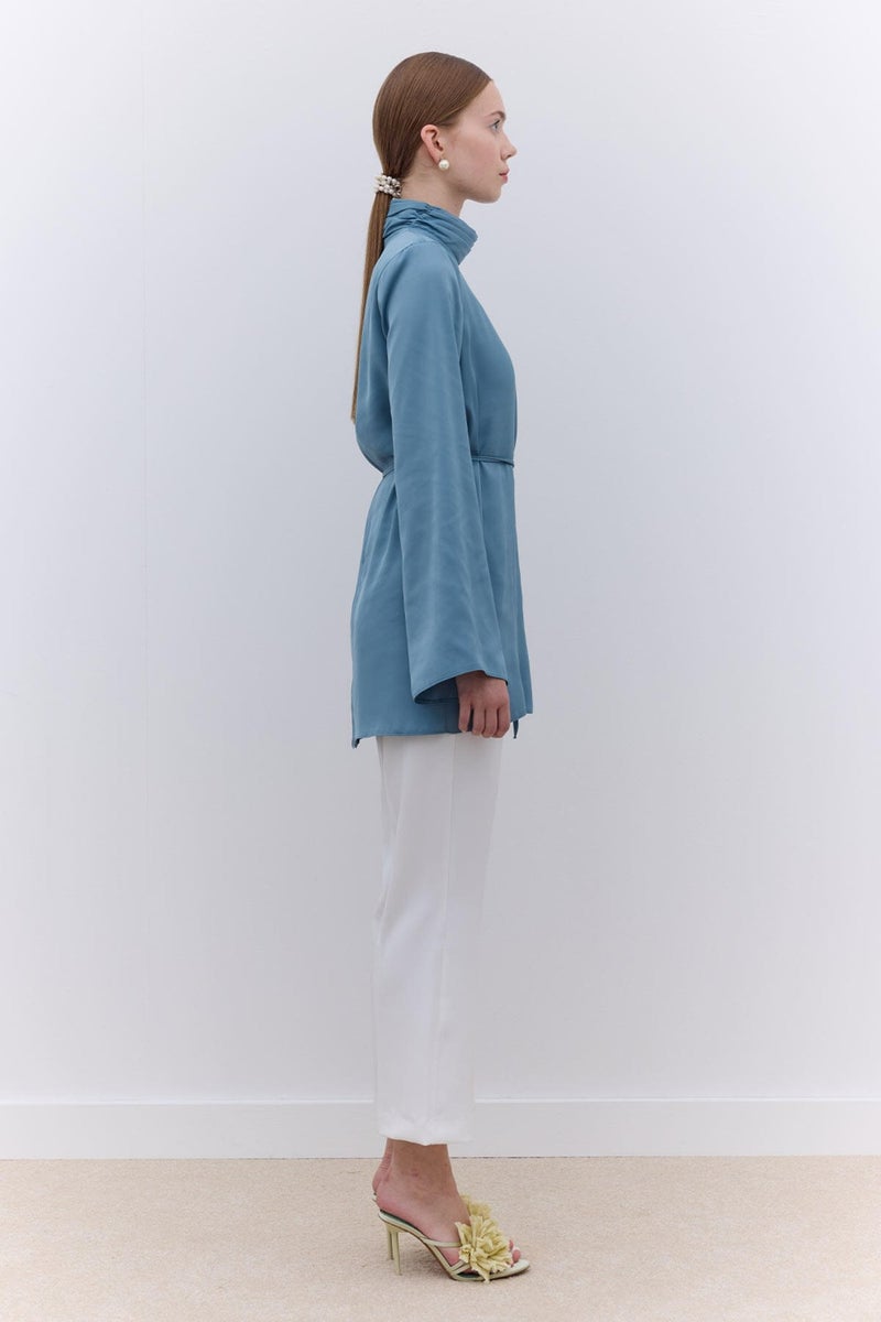 Manuka Satin Wide Sleeve Tunic Blue  - Image 4