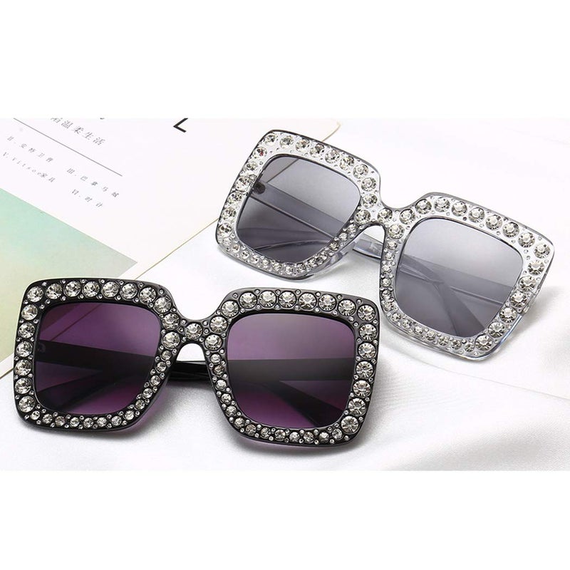 Armear Trendy Rhinestone Square Sunglasses Women Oversized Crystal Frame Gradient Lens Eyeglasses Silver 67mm - Image 3