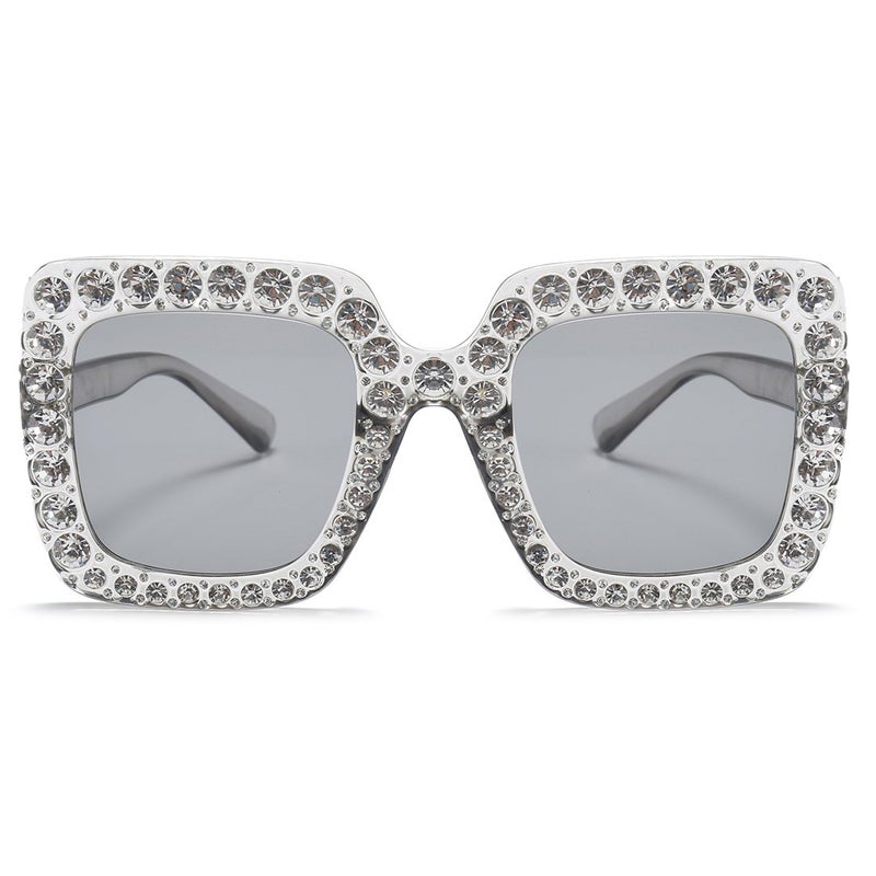 Armear Trendy Rhinestone Square Sunglasses Women Oversized Crystal Frame Gradient Lens Eyeglasses Silver 67mm - Image 1