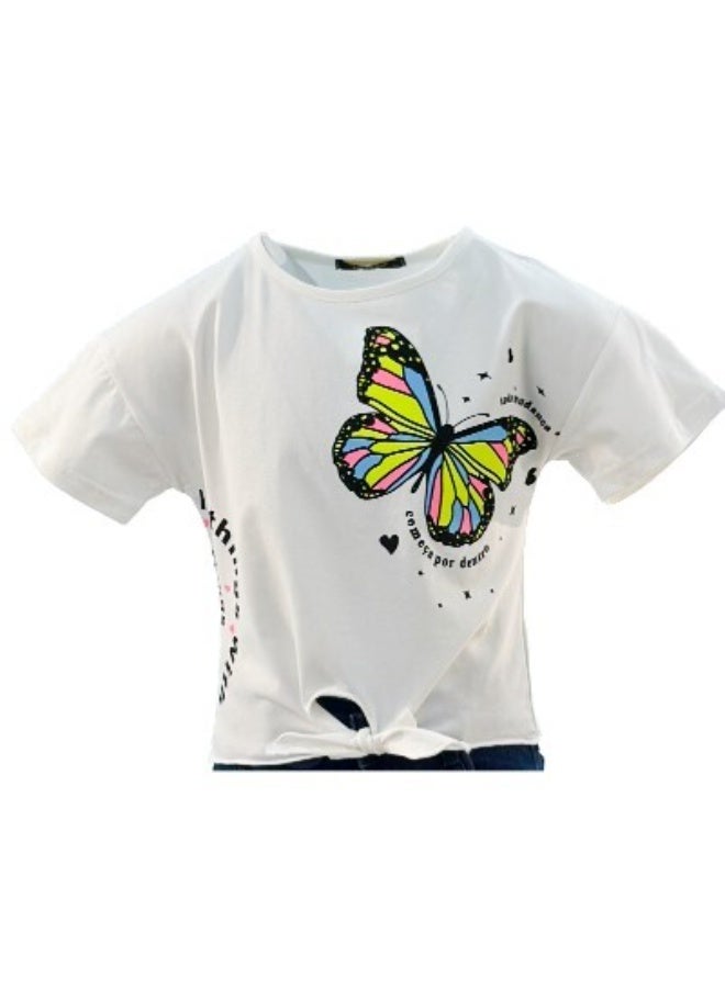 JOANNA JOANNA 23KY370B Girl's Front Tie With Butterfly Design Round Neck Short Sleeve T-Shirt - White - Image 1