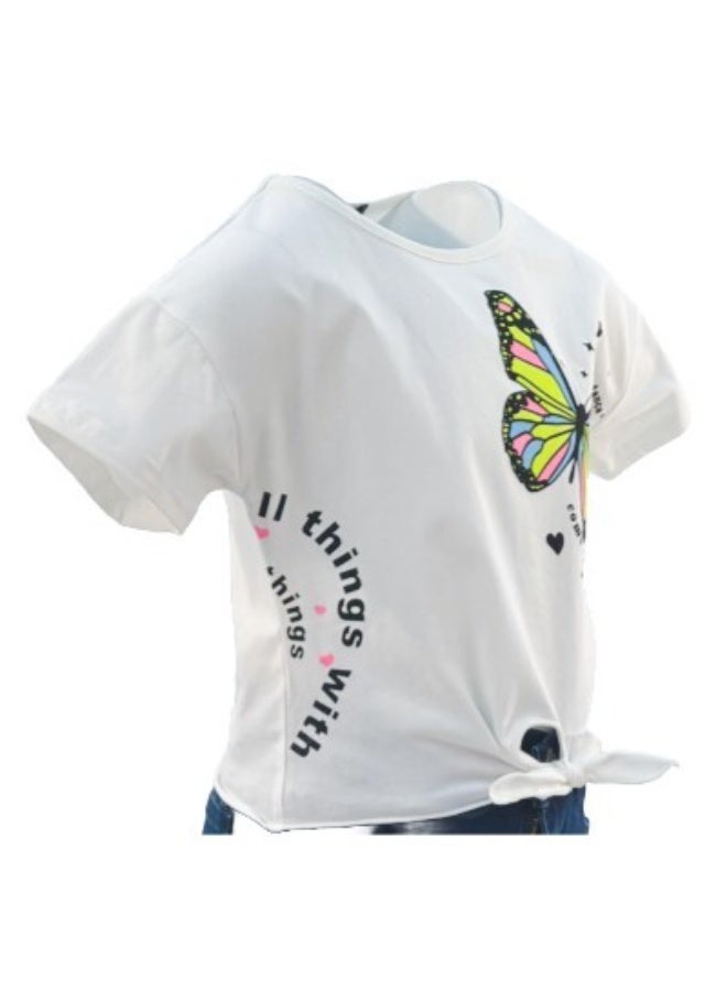 JOANNA JOANNA 23KY370B Girl's Front Tie With Butterfly Design Round Neck Short Sleeve T-Shirt - White - Image 2