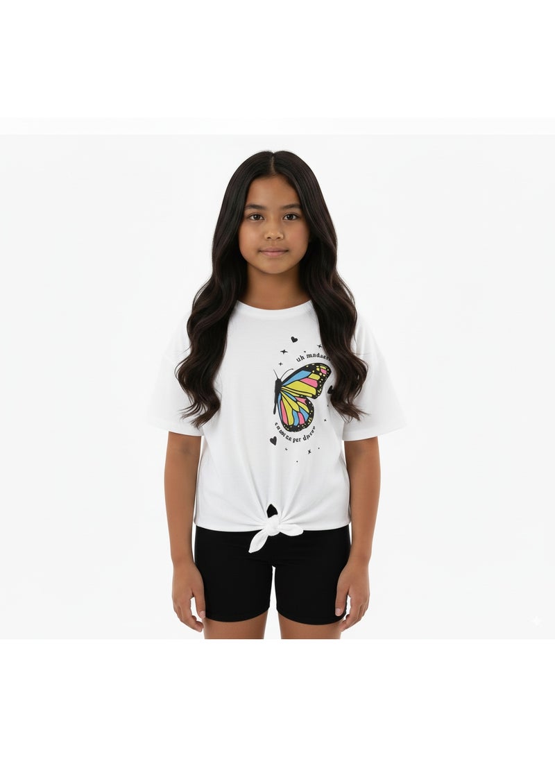 جوانا تي شيرت فتيات بربطة أمامية برقبة دائرية وأكمام قصيرة بتصميم فراشة - أبيض - 3 سنوات - Image 1