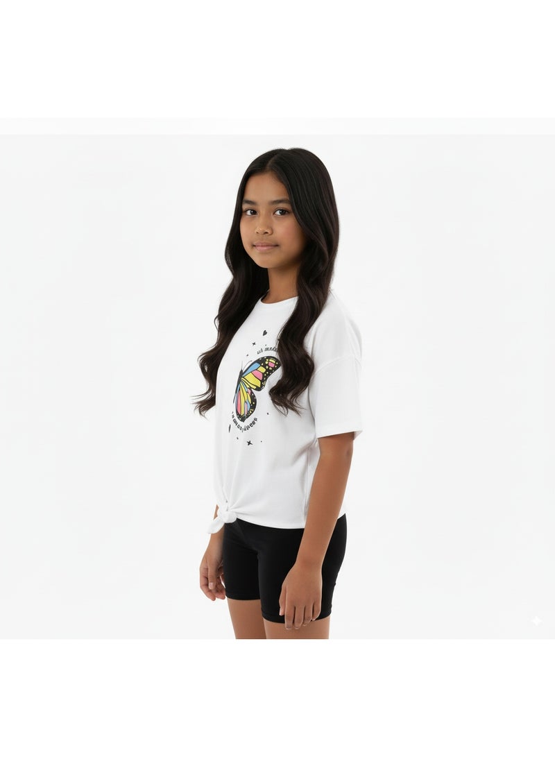 جوانا تي شيرت فتيات بربطة أمامية برقبة دائرية وأكمام قصيرة بتصميم فراشة - أبيض - 3 سنوات - Image 2