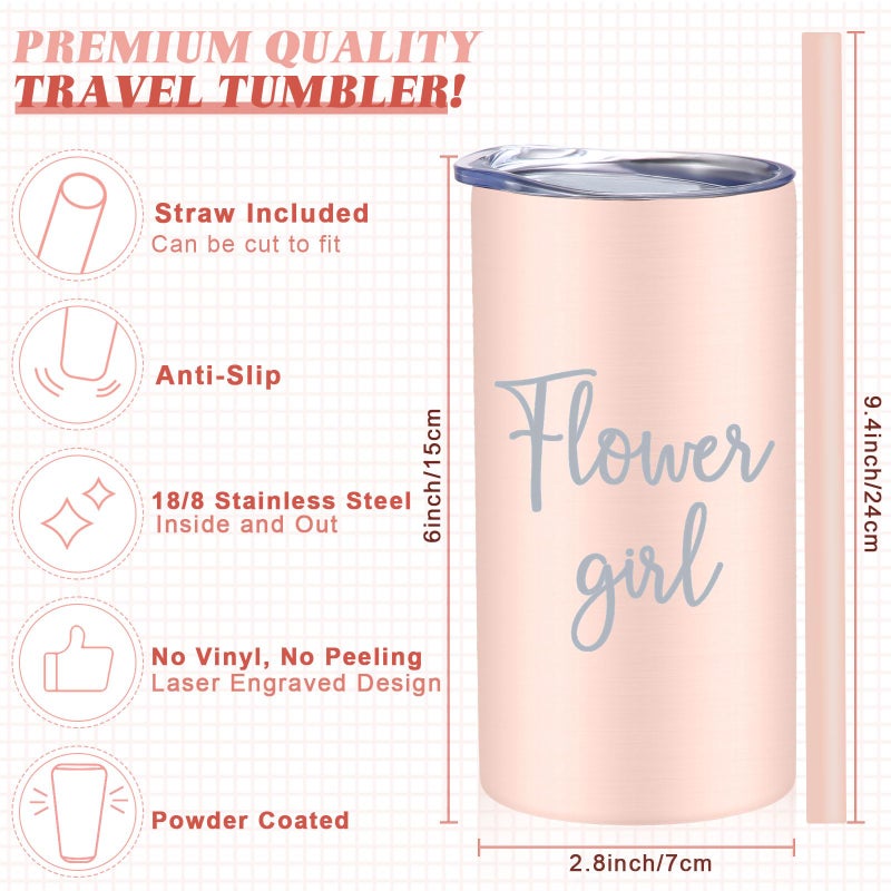 Sieral 2 Pcs 16 oz Flower Ring Bearer Tumbler Cup Stainless Steel Cup with Straw Water Bottle Gift Idea for Wedding Party(Black, Pink) - Image 2