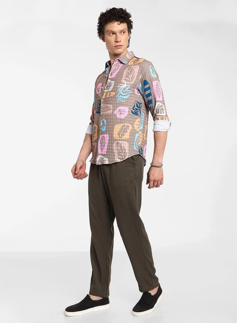 كامبوس سوترا Men's Camel Beige Foliage Imprint Shirt