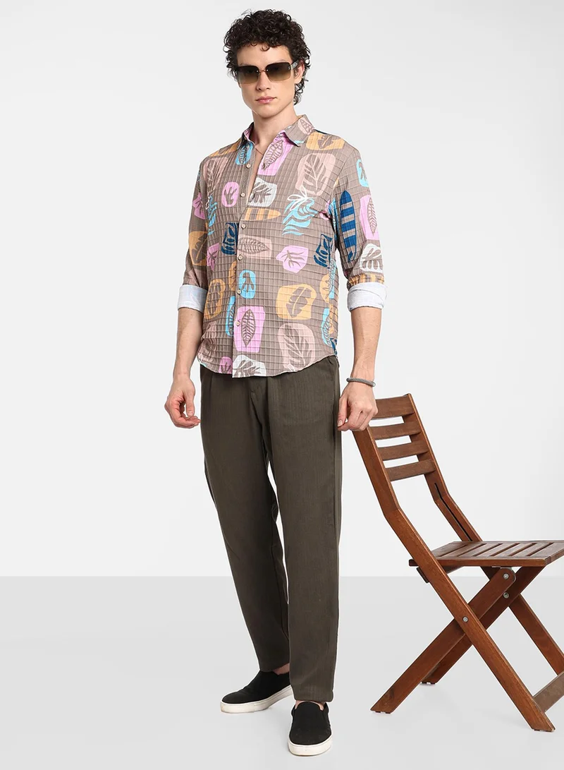 كامبوس سوترا Men's Camel Beige Foliage Imprint Shirt
