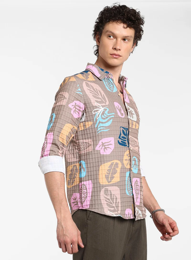 كامبوس سوترا Men's Camel Beige Foliage Imprint Shirt