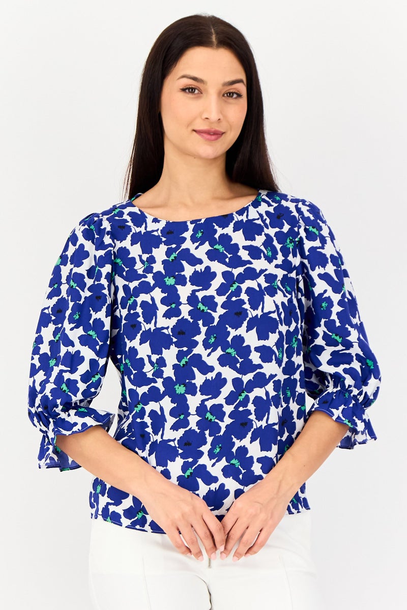 VERO MODA بلوزة مزخرفة بأكمام طويلة من فيرو مودا للنساء، بياقة دائرية، متعددة الألوان - Image 1