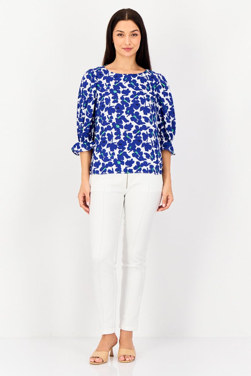 VERO MODA بلوزة مزخرفة بأكمام طويلة من فيرو مودا للنساء، بياقة دائرية، متعددة الألوان - Image 3