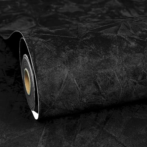 ReWallpaper Black Peel and Stick Wallpaper 175inX23ft Luxury Velvet Wallpaper for Bedroom Self Adhesive Removable Wall Paper Soft Velvet Fabric Textured Black Contact Paper for Cabinets Accent Wall - Image 1