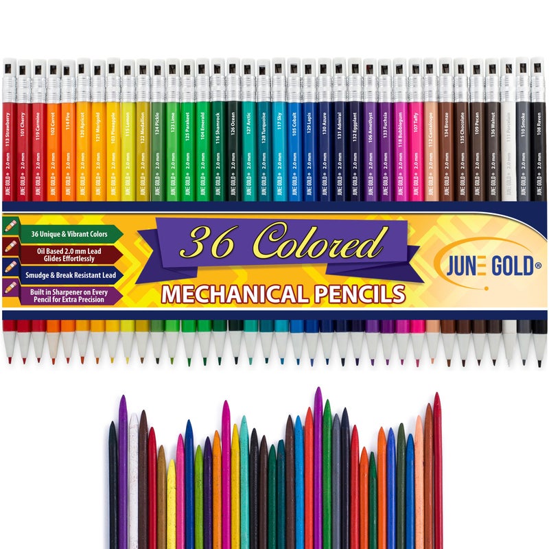 June Gold 36 Assorted Colored 2.0 mm Mechanical Pencils with 36 Unique Color Leads, Color Name is Printed on Each Pencil Barrel, Built in Rear Sharpener - Image 1
