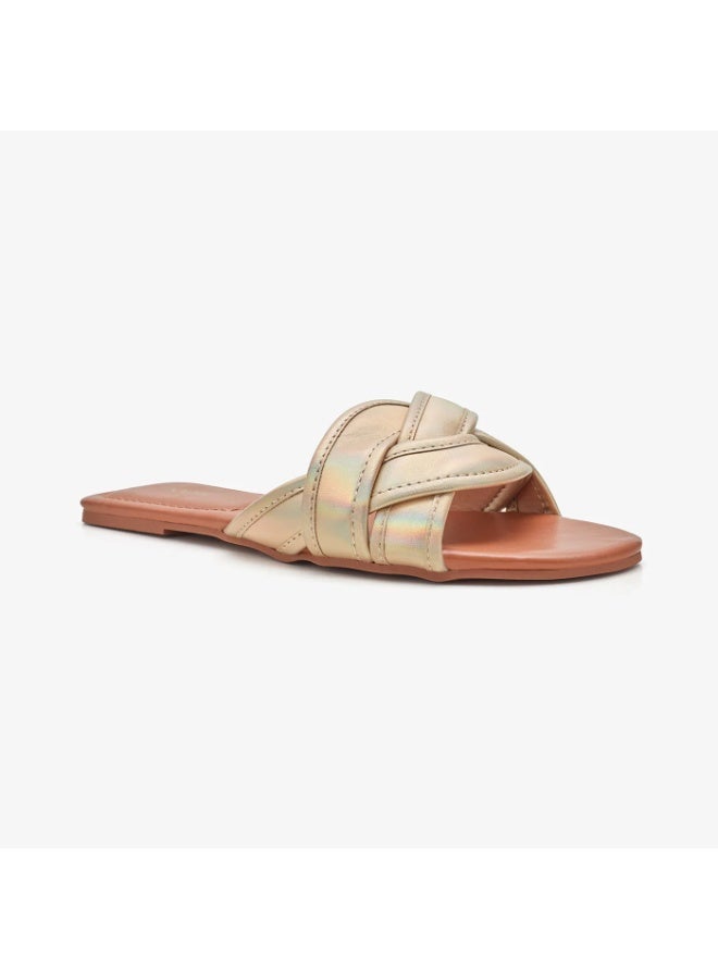 NDURE Women's Flat Slide Sandals, Gold Holographic, Braided Strap, Open Toe - Image 1