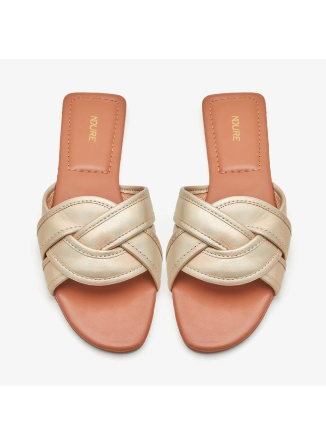 NDURE Women's Flat Slide Sandals, Gold Holographic, Braided Strap, Open Toe - Image 2