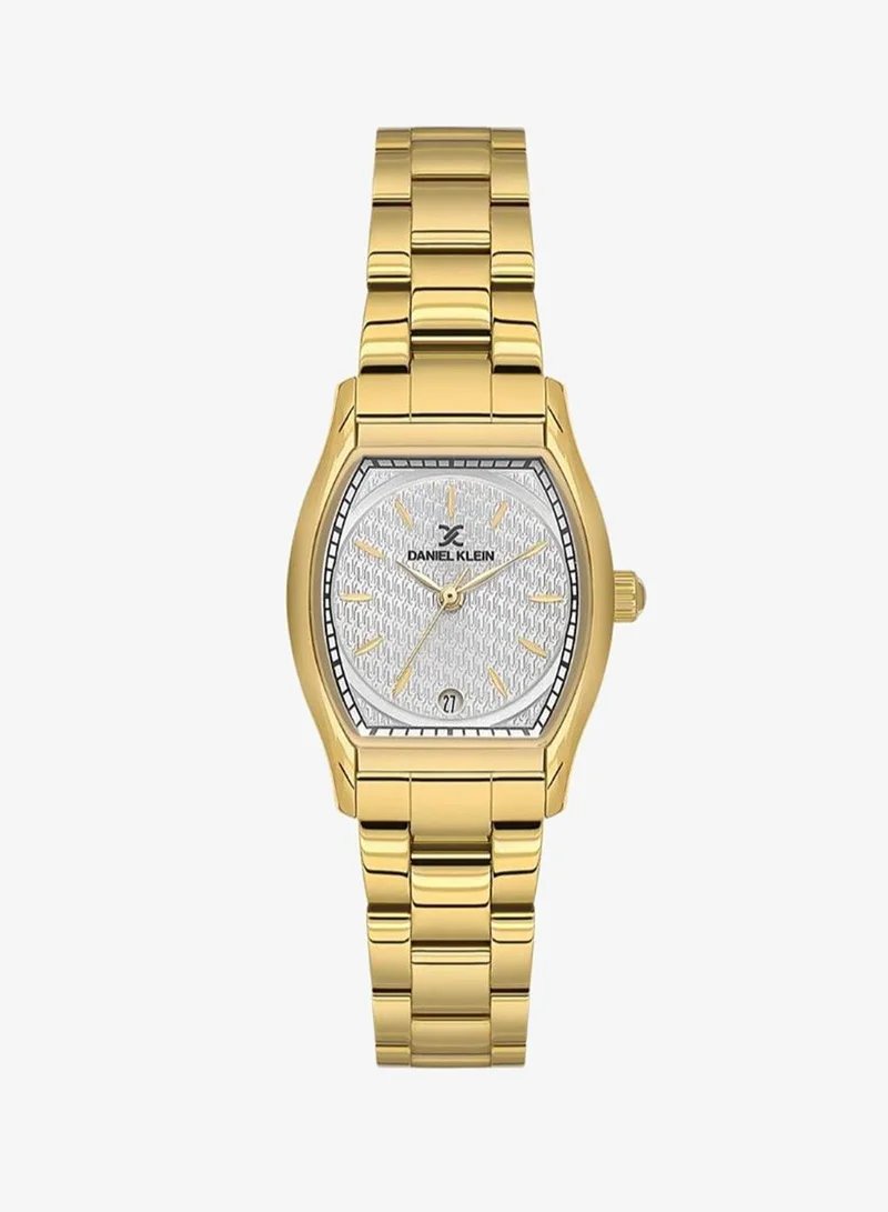 Daniel Klein Women's Stainless Steel Gold Alloy Case Analog Silver Barrel Sunray Dial Japanese Quartz Premium 50 Meters Water Resistant
