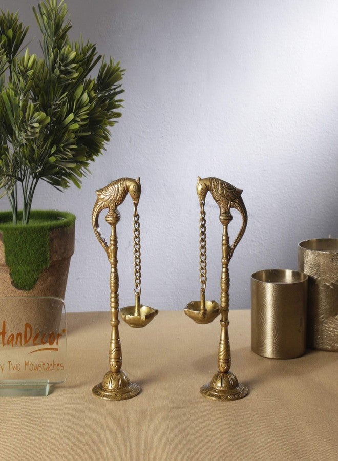Two Moustaches Parrot Design 7.5 Inches Brass Hanging Diya Pair (Pack of 2), Brass Diyas for Pooja , Diwali Decoration , Housewarming Gifts , Antique Yellow, Standard - Image 2