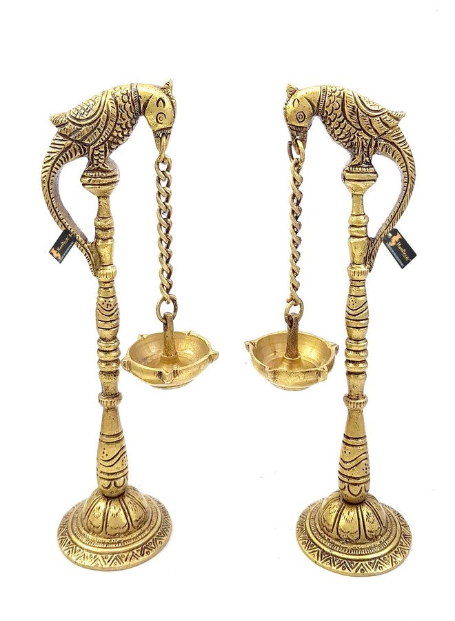 Two Moustaches Parrot Design 7.5 Inches Brass Hanging Diya Pair (Pack of 2), Brass Diyas for Pooja , Diwali Decoration , Housewarming Gifts , Antique Yellow, Standard - Image 1
