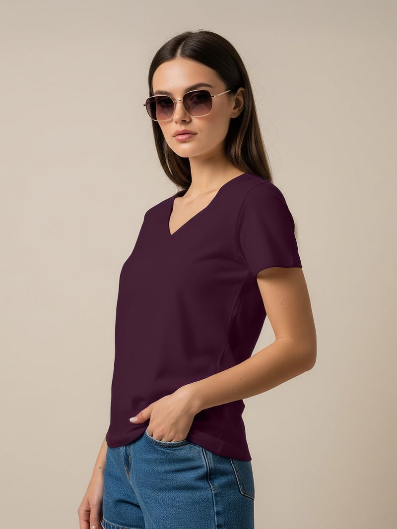JUNEBERRY Women Solid V Neck Pure Cotton T-Shirt - Image 5
