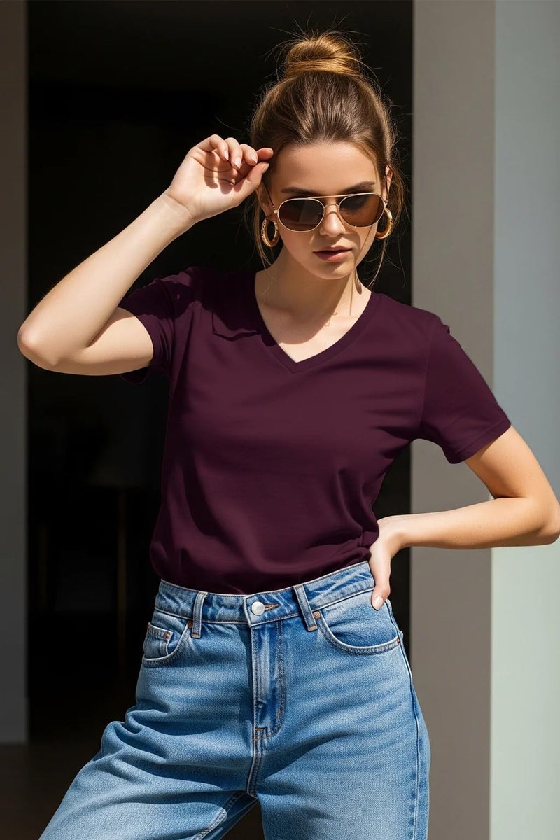 JUNEBERRY Women Solid V Neck Pure Cotton T-Shirt - Image 2