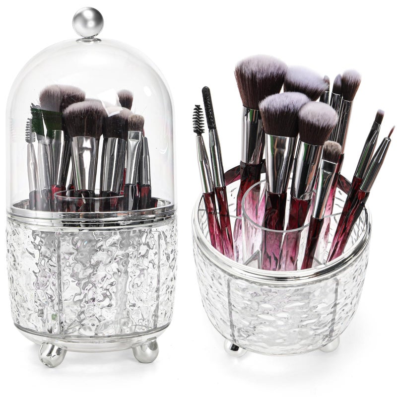 Eorbow Rotating Makeup Brush Holder, Dustproof Cosmetic Tools Organizer with Lid, 360Â° Spinning Covered Brushes Storage with Anti-slip Pads for Vanity, Bathroom Countertop & Bedside Table, Clear - Image 1