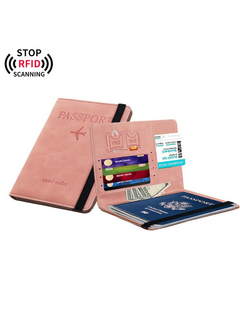 VKL حامل جواز السفر واقي غطاء مع حزام مرن، جلد صناعي مانع RFID منظم واقي للمستندات، لبطاقات الائتمان والهوية، بطاقات الصعود (وردي)  - Image 3