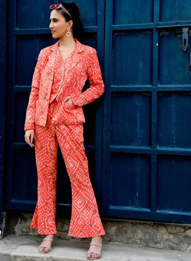 Aks Orange Bandhani Printed Co-Ord Set for Women