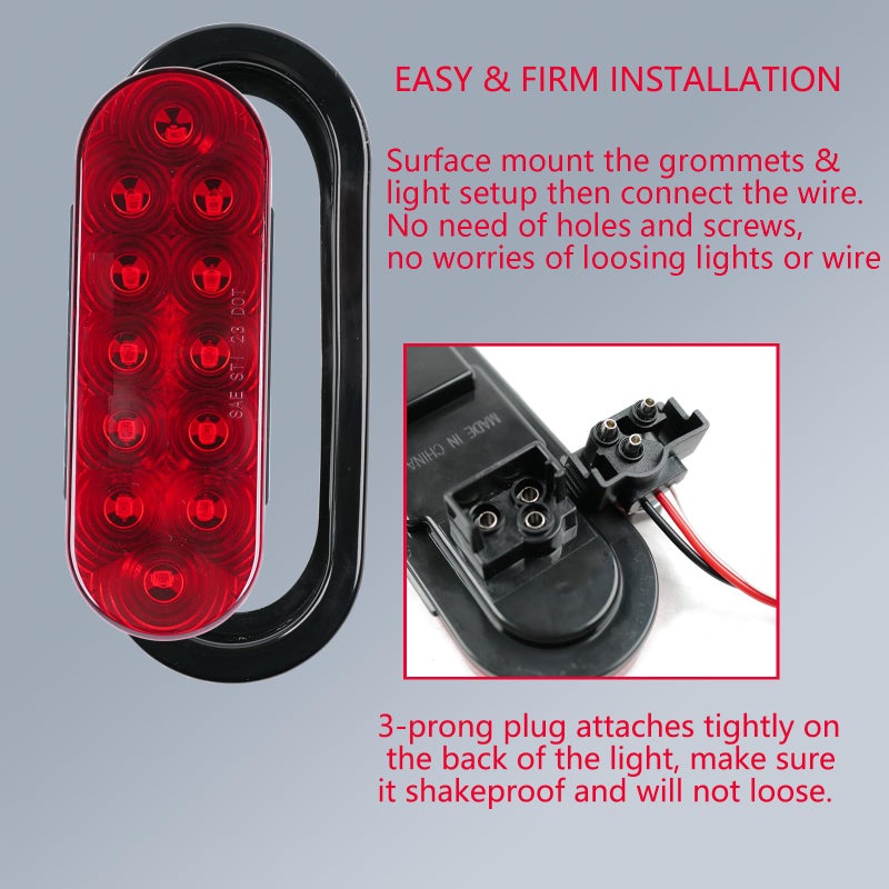 fouwick 2PCS 6 Inch Oval Red LED Trailer Tail Lights, IP65 Waterproof Surface Mount Stop Brake Turn Signal Lights for Truck RV Boat Marine Camper, DOT Compliant Rear Trailer Lighting Kit (Red, 24LED) - Image 4