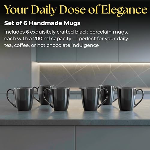 TAGROCK Black Coffee Mug Set of 6, 200 ml Bone China Porcelain Tea Cups, Small Ceramic Coffee Cups for Home Kitchen Office, Durable & Elegant Design - Image 3