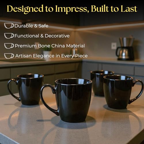 TAGROCK Black Coffee Mug Set of 6, 200 ml Bone China Porcelain Tea Cups, Small Ceramic Coffee Cups for Home Kitchen Office, Durable & Elegant Design - Image 2