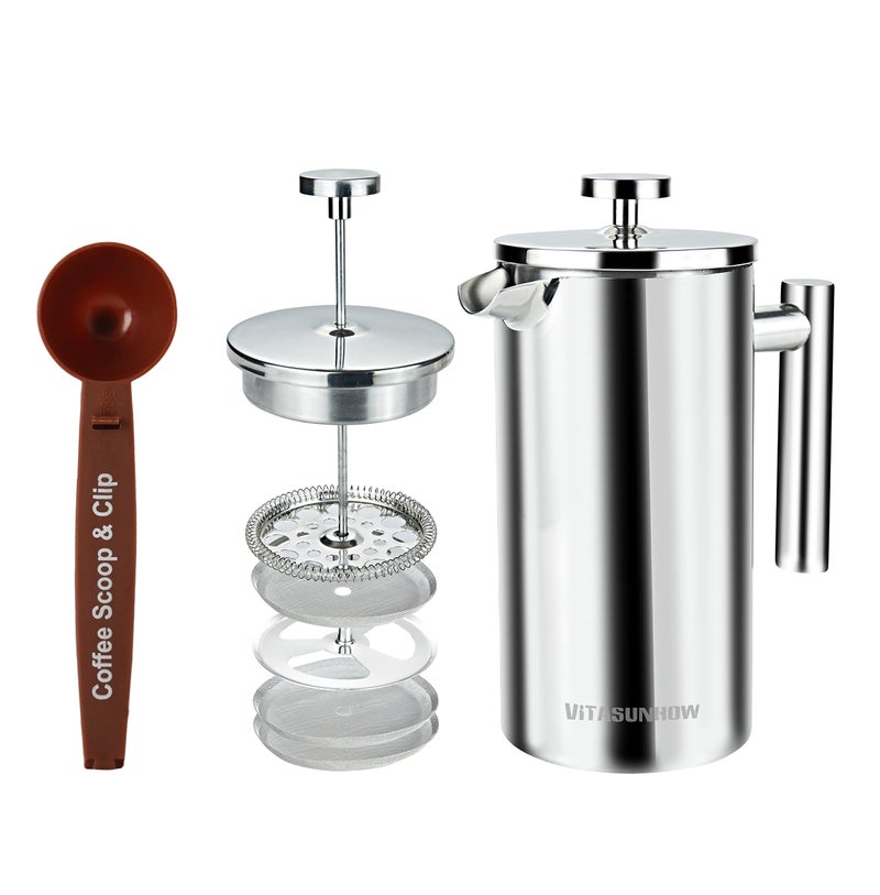 vitasunhow Insulated French Press Coffee Maker Stainless Steel DoubleWall Metal 3 Level Filtration System RustFree Dishwasher Safe
