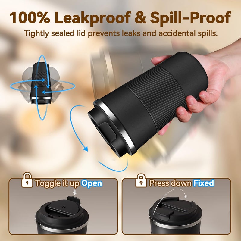 Baodaadan 12OZ Travel Coffee Mug Insulated Coffee Cup with Spill Leak Proof Lid, Portable Stainless Steel Tumbler Reusable Hot and Cold Water Mug for Car, Daily, Camping-Black - Image 4
