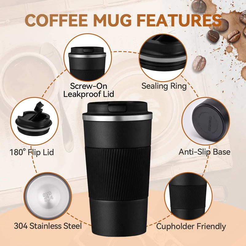 Baodaadan 12OZ Travel Coffee Mug Insulated Coffee Cup with Spill Leak Proof Lid, Portable Stainless Steel Tumbler Reusable Hot and Cold Water Mug for Car, Daily, Camping-Black - Image 5