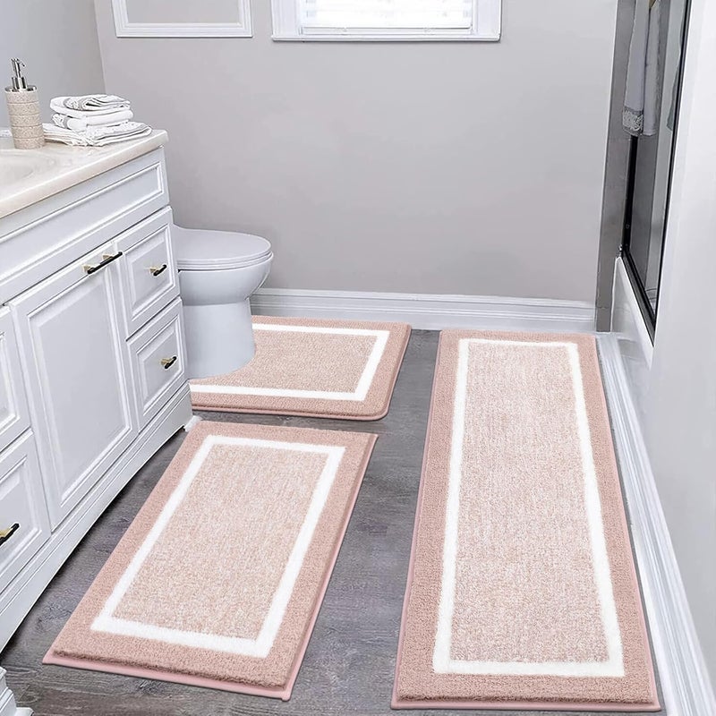 PAUWER 3-Piece Bathroom Shower Rug Set with U-Shaped Contour Toilet Mat, Absorbent Microfiber Plush Bath Mats, Non-Slip, Machine Washable Shaggy Bathroom Floor Mats, Dusty Pink - Image 1