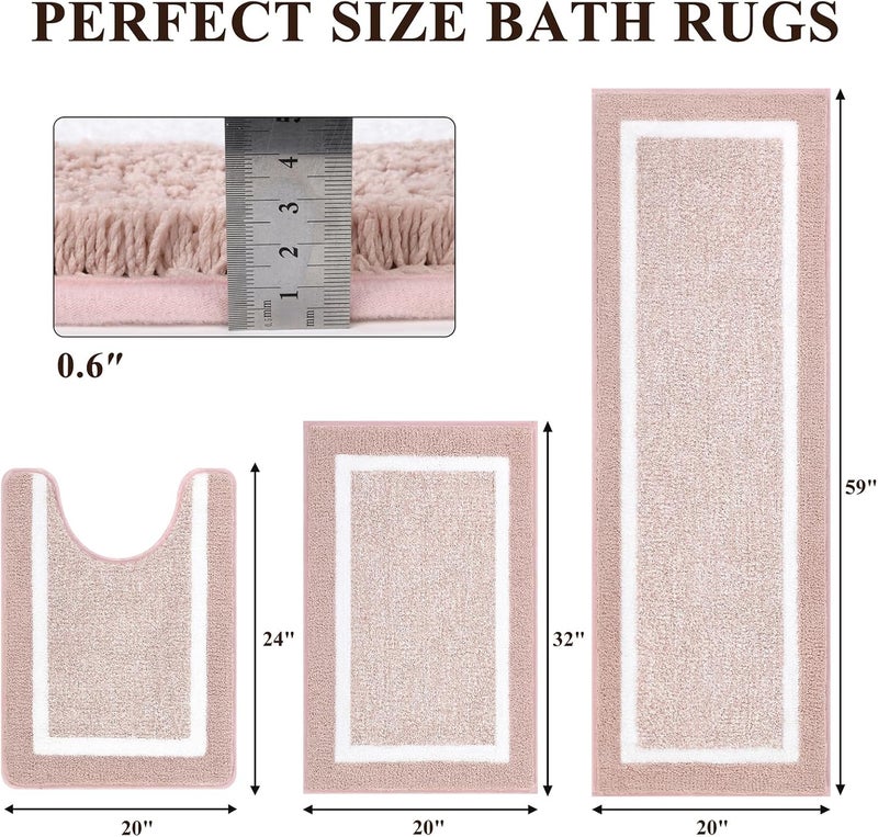 PAUWER 3-Piece Bathroom Shower Rug Set with U-Shaped Contour Toilet Mat, Absorbent Microfiber Plush Bath Mats, Non-Slip, Machine Washable Shaggy Bathroom Floor Mats, Dusty Pink - Image 2