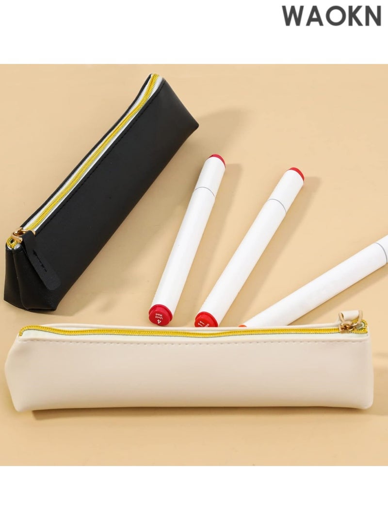 دبليو أيه أو كي أن طقم من قطعتين من حقائب أقلام جلدية - حافظة أقلام صغيرة بتصميم نحيف وسحاب للمدرسة والمكتب والسفر، مصنوعة من جلد البولي يوريثان الفاخر للأقلام وأقلام الرصاص وأقلام التحديد ولوازم الرسم (أسود وبيج) - حامل أقلام أنيق ومتين بتصميم بسيط - Image 4