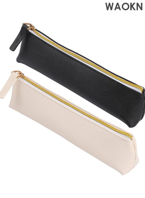 "2 Pcs Leather Pencil Pouch Set - Slim Design Small Zipper Pencil Case for School, Office & Travel, Premium PU Leather Stationery Pouch Bag for Pens, Pencils, Markers & Art Supplies (Black & Beige) - Stylish & Durable Minimalist Pencil Holder"