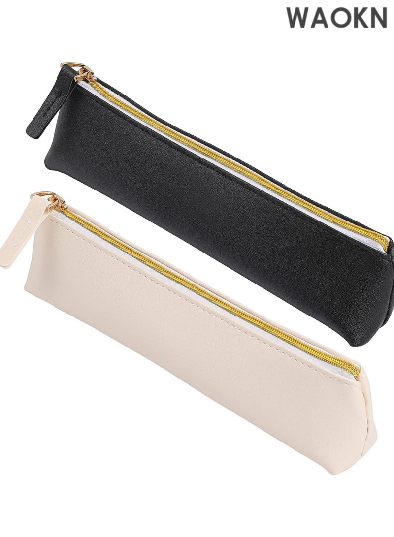 دبليو أيه أو كي أن طقم من قطعتين من حقائب أقلام جلدية - حافظة أقلام صغيرة بتصميم نحيف وسحاب للمدرسة والمكتب والسفر، مصنوعة من جلد البولي يوريثان الفاخر للأقلام وأقلام الرصاص وأقلام التحديد ولوازم الرسم (أسود وبيج) - حامل أقلام أنيق ومتين بتصميم بسيط - Image 1