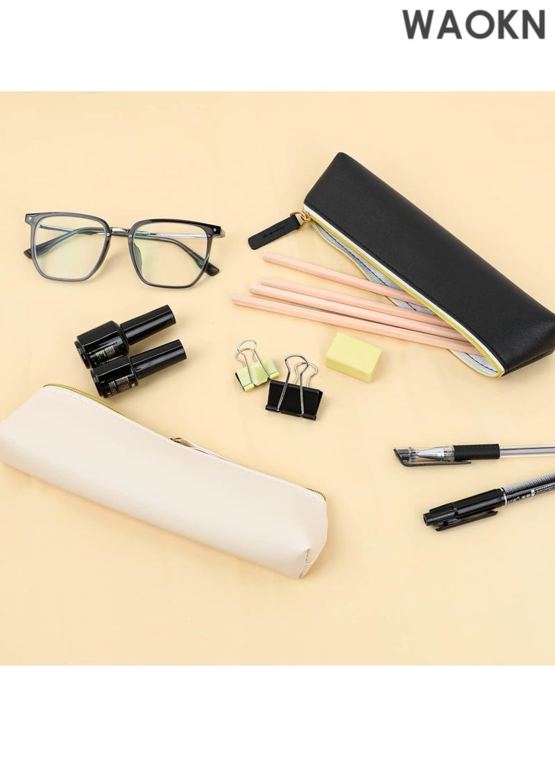 دبليو أيه أو كي أن طقم من قطعتين من حقائب أقلام جلدية - حافظة أقلام صغيرة بتصميم نحيف وسحاب للمدرسة والمكتب والسفر، مصنوعة من جلد البولي يوريثان الفاخر للأقلام وأقلام الرصاص وأقلام التحديد ولوازم الرسم (أسود وبيج) - حامل أقلام أنيق ومتين بتصميم بسيط - Image 5