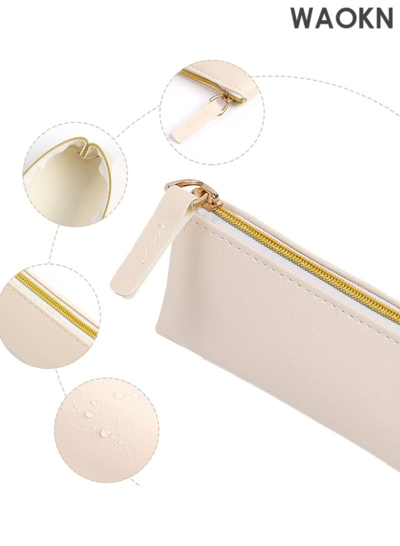 دبليو أيه أو كي أن طقم من قطعتين من حقائب أقلام جلدية - حافظة أقلام صغيرة بتصميم نحيف وسحاب للمدرسة والمكتب والسفر، مصنوعة من جلد البولي يوريثان الفاخر للأقلام وأقلام الرصاص وأقلام التحديد ولوازم الرسم (أسود وبيج) - حامل أقلام أنيق ومتين بتصميم بسيط - Image 3