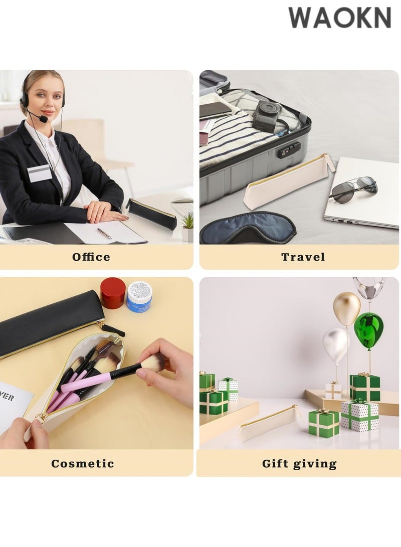 دبليو أيه أو كي أن طقم من قطعتين من حقائب أقلام جلدية - حافظة أقلام صغيرة بتصميم نحيف وسحاب للمدرسة والمكتب والسفر، مصنوعة من جلد البولي يوريثان الفاخر للأقلام وأقلام الرصاص وأقلام التحديد ولوازم الرسم (أسود وبيج) - حامل أقلام أنيق ومتين بتصميم بسيط - Image 2